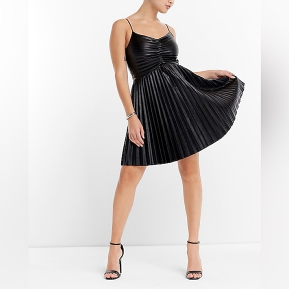Faux Leather V-Neck Pleated Fit And Flare Mini Dress - Picture 1 of 7